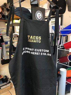 We print high quality custom aprons $18.00 ea with a minimum order of 6 pcs.