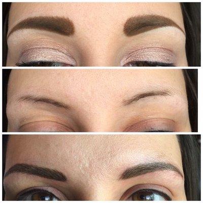 Take an overfilled brow to perfect with our permanent cosmetics.. The bottom picture is just some of our girls' amazing work!