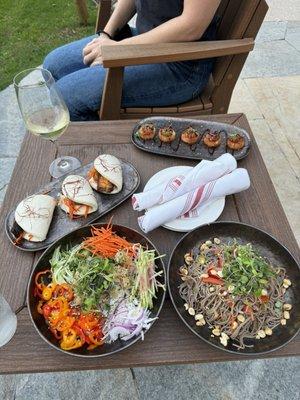 Hamachi Poke, Soba Noodles, Pork Belly Bao, and Crispy Rice