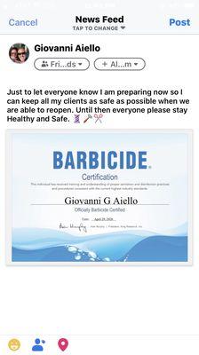 A certificate from Barbicide