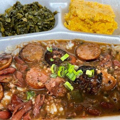 Red beans & rice w/Mardi Gras bread and collard greens