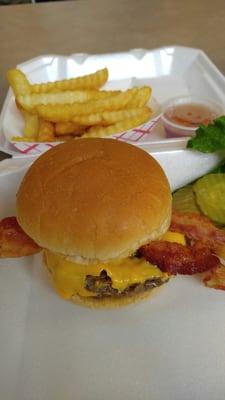 Bacon cheeseburger and fries