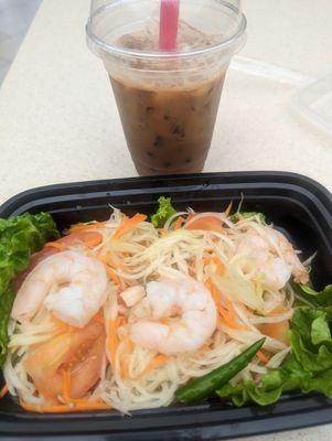 My shrimp salad and Thai iced coffee with boba for lunch