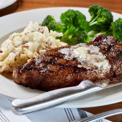 NY Strip: 12oz new york strip, bone marrow butter, seasonal vegetable, garlic mashed potatoes