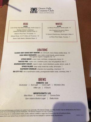 Beverage menu as of 11/2017