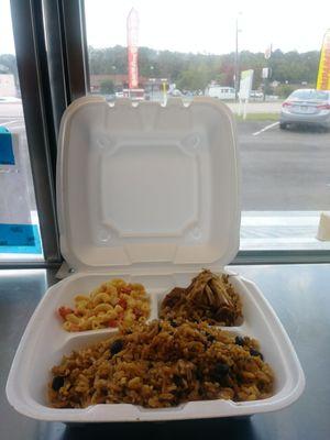 Rice with black beans, pulled pork and macaroni salad $8.