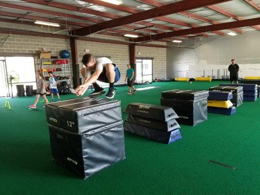 5,000 sq ft turf bay with plyo boxes, sleds, tires, ropes, VertiMax, and more.