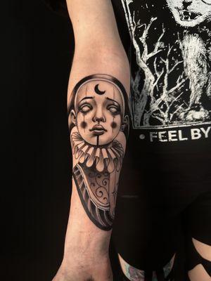 Black & Grey Clown Girl by Violeta @violetattooist