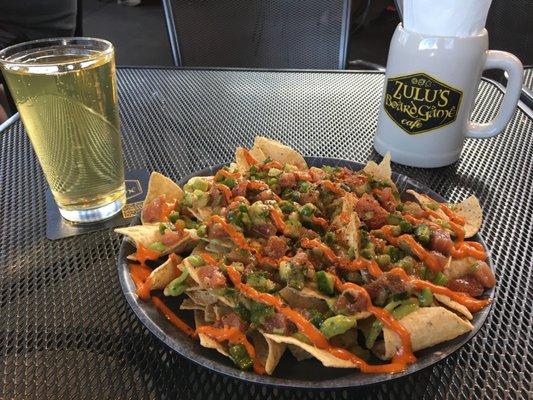 Ahi Tuna Nachos and a cider