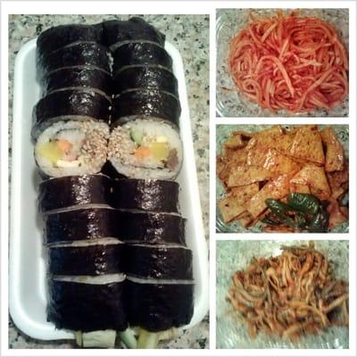 Some of the delicious banchan (Korean side dishes) & bulgogi kimbap made fresh daily at the store