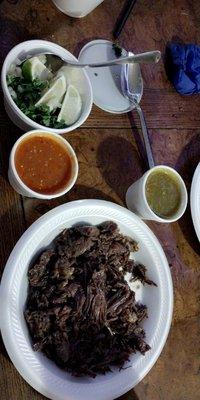 Barbacod 1 lb of barbacoa with a kilo of tortillas, onions, cilantro, limes and salsas