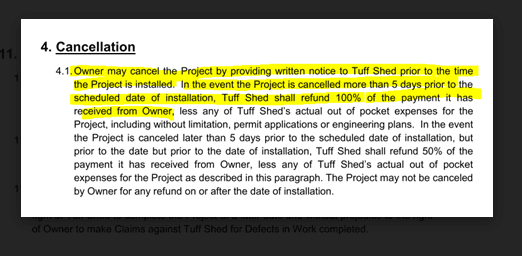 Tuff Shed Cancellation Period