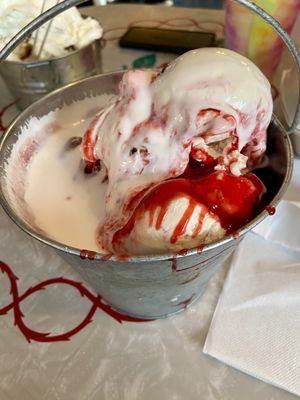 I got the two scoops of different ice cream with strawberry sauce & marshmallow sauce.  It came in a huge bucket