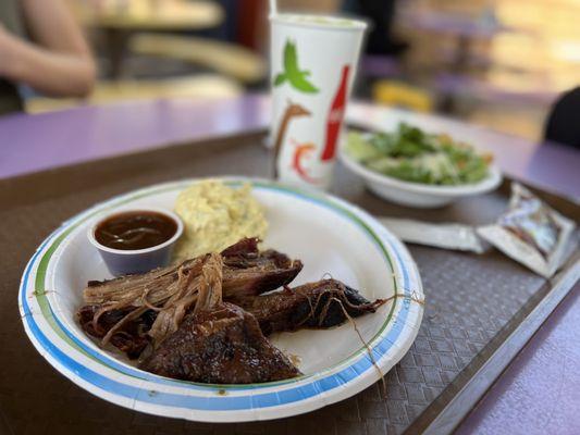 Brisket, potato salad and green salad