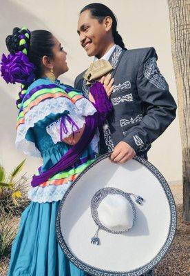 Arizona Folklorico Dance Co performers posing between performances for Pepsi Co in their Jalisco Ranchera and Mexican Charro Trajes