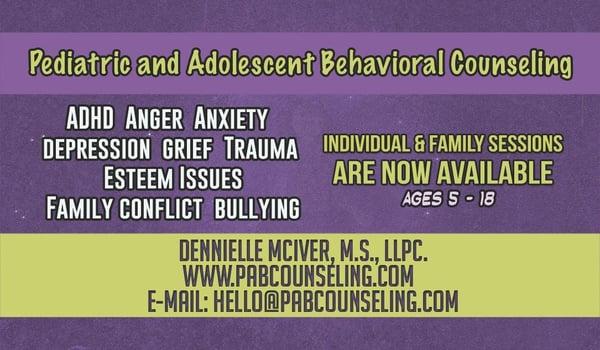 Mental Health Counseling for Children and Teens ages 5-17.