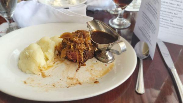 Filet Steak with caramelized onions, gravy and mashed potatoes