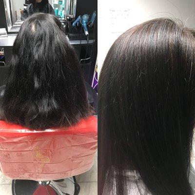 Before and after of a dark brown with light brown natural grey blending highlights