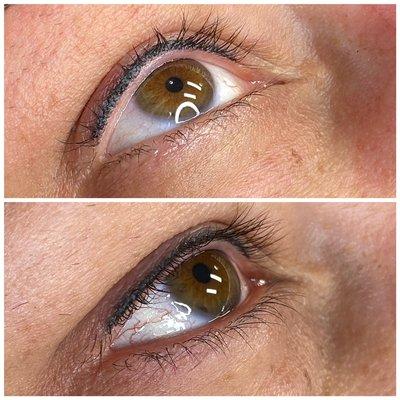 Freshly done lash enhancement on top. 1st session HEALED on bottom.