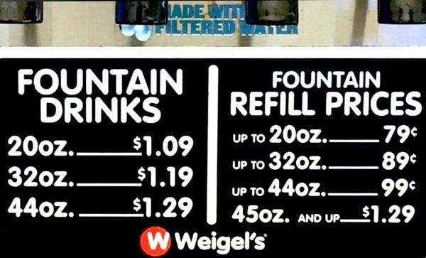 Weigel's Fountain Drinks - Made with Filtered Water (Great prices too, especially on refills!)