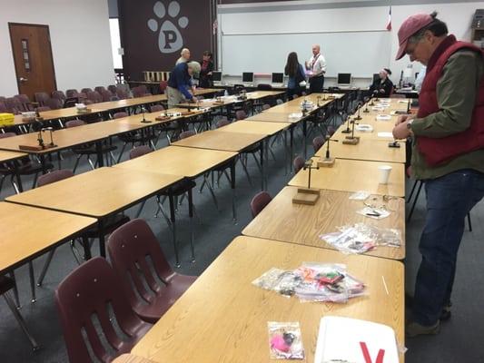 At the Plano High School helping teach fly casting & fly tying with the Dallas FlyFishers.  Here is the fly tying class being setup.