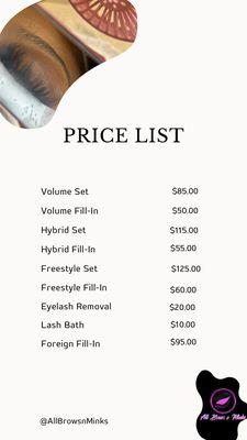 All Brows & Minks Price List for Eyelash Extensions