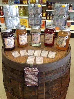 Introducing South Carolina's finest Moonshine Palmetto Moonshine: White Lightning 105 proof and Apple pie, Peach, Blackberry, Strawberry!