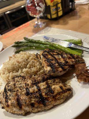 Lemon pepper chicken entree. Grilled asparagus and rice pilaf.