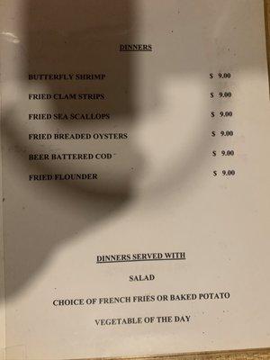 Dinner menu on seafood night (Fridays)