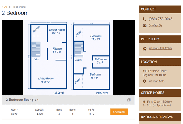 2bd / 1ba  $595   Deposit $300    SqFt 810