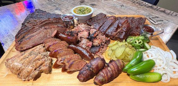 A variety of meats from our smoker. Brisket, Pulled Pork, Sausage, Tender Pork Ribs and smoked chicken.