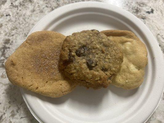 Snickerdoodle, Coconut Oatmeal Cookie, and White Chocolate Macadamia - total about $5.50 for three cookies with taxes.