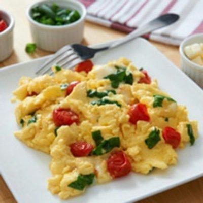 Breakfast
 Scramble eggs with cherry tomatoes and green onions