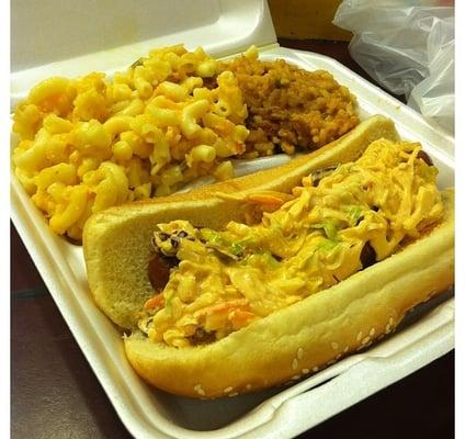 Louisana hot link with coleslaw, jambalaya rice & baked Mac and cheese.