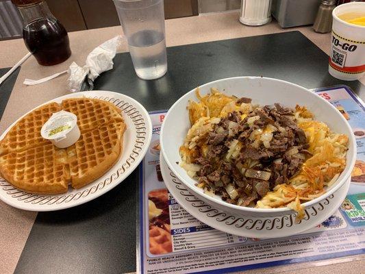 Hash brown bowl and waffle- why not!