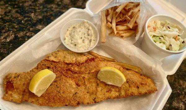 Take-out Fried Fish Dinner with French fries, cole slaw and bread