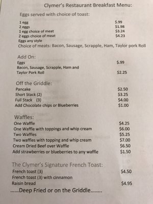 Clymer's breakfast menu.