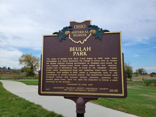 Historical marker for Beulah Park (side 1)