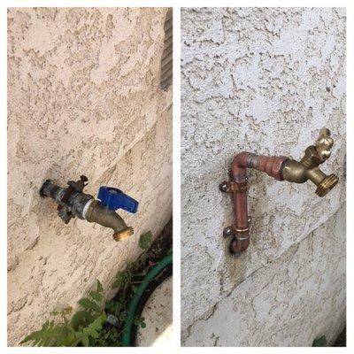 Before / After hose bib upgrade and strap down for. Pipe is no longer leaking or flimsy.