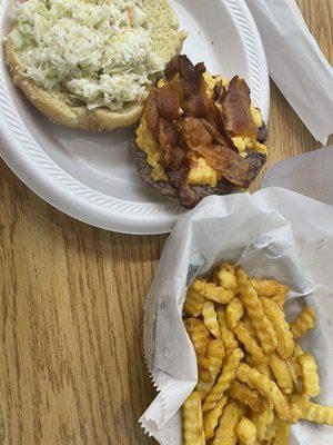 Burger with pimiento cheese, bacon, slaw, and fries