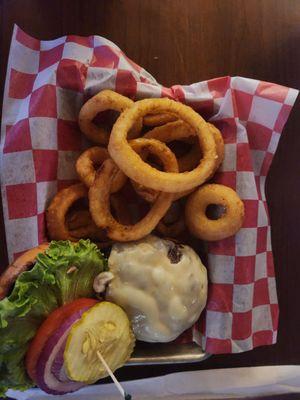 Swiss cheese burger and onion rings