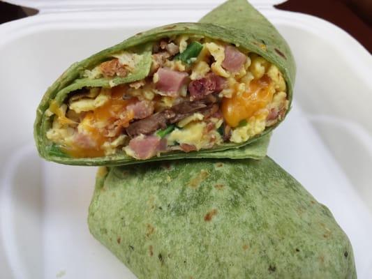 Breakfast wrap goodness.  Egg, ham, green onions, mushrooms, bacon and cheddar cheese.