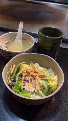 Miso soup and salad with asian ginger dressing