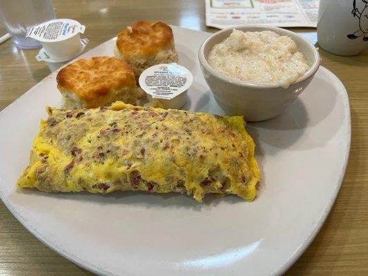 jimmy's Egg Omelet with Grits and Biscuit