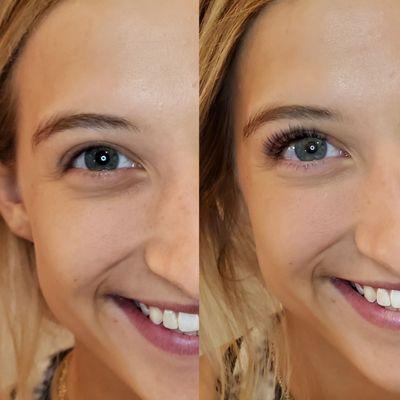 Before and after of a Hybrid set. Utilizing the appropriate curl, design, and placement of lashes, I totally transformed her eye shape!