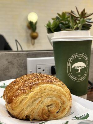 Chocolate Croissant + Drip Coffee (w. Oak Milk)  Love the space, was able to sit down and get my work done here.