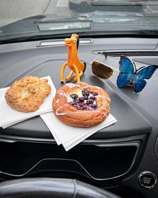 Blueberry cheese danish, apple cinnamon scone, Pokey my traveling companion