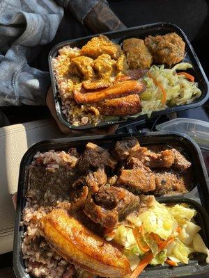 Small Curry chicken and oxtail with rice & beans, cabbage, and plantains