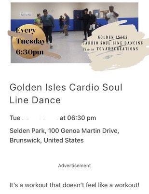 Selden Park -- Tuesdays 6:30pm  2023, Cardio Soul Line Dancing in the park