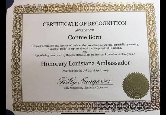 Certificate of Recognition by Lt Governor Billy Nungesser